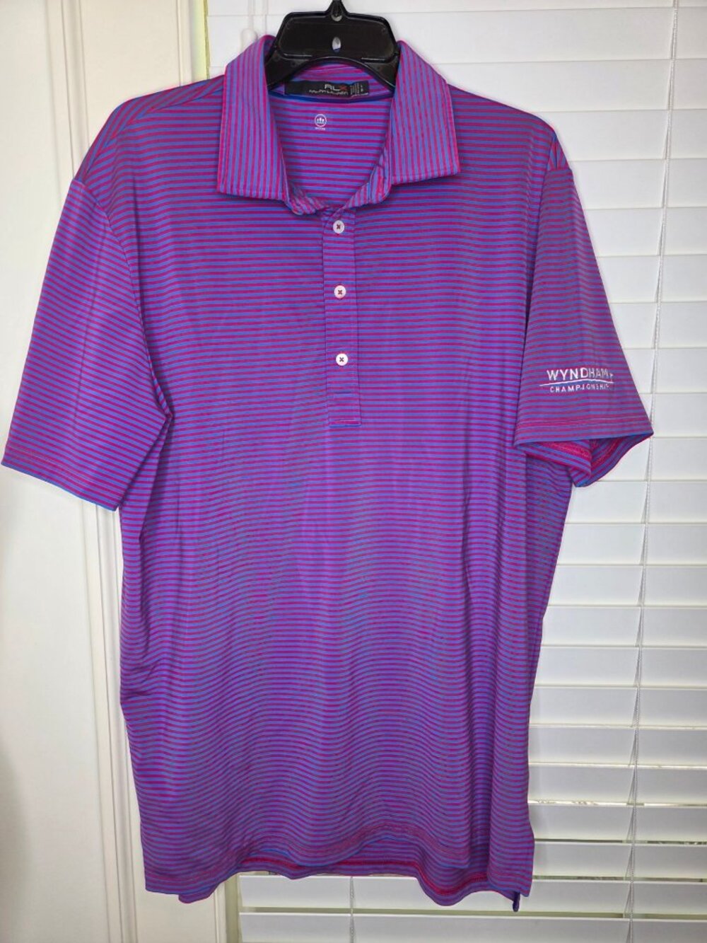 RLX Ralph Lauren Mens L Purple Blue Striped Polo Shirt Wyndham Championship